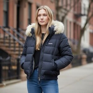 Vintage Azzure Navy Puffer Jacket Hooded Zip Up Bomber Style Reversible Size XL